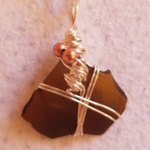 Made in Nevada Beach glass pendant, brown, 2-wire, copper beads and ‘corkscrew’