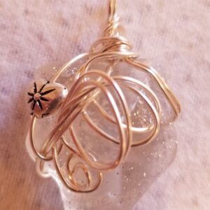 Made in Nevada Tumbled glass pendant, clear chunky glass, 2-wire, heart charm with swirls
