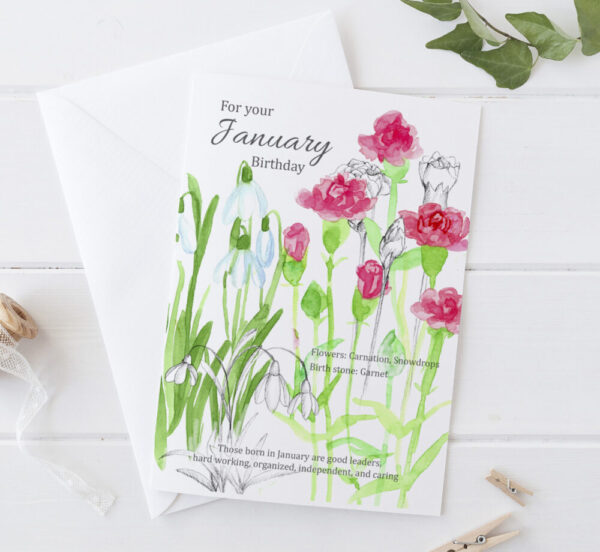 Made in Nevada Birthday Greeting Card Botanical Birth Month Watercolor Flowers