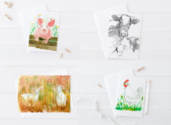 Farm Animals Blank Greeting Card Set Pig Sheep Cow Chicken