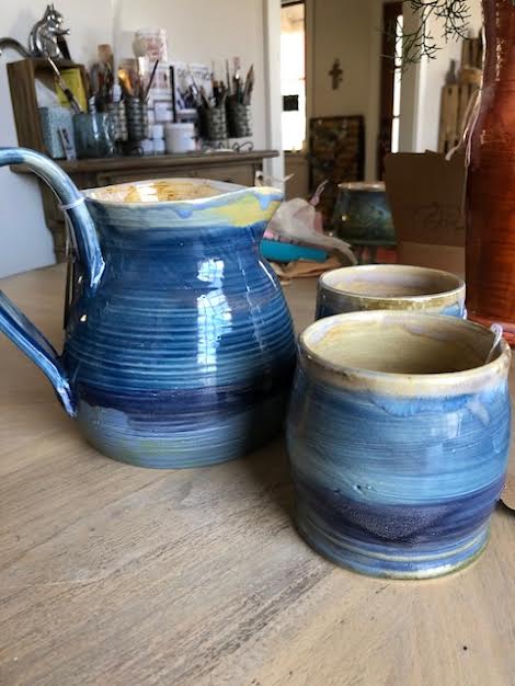 Made in Nevada Stoneware pitcher and two cups
