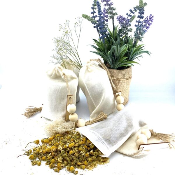 Made in Nevada 100% Naturally Dried Chamomile Flowers, Jute & Wooden Beaded Drawstring Sack, 1/2 oz