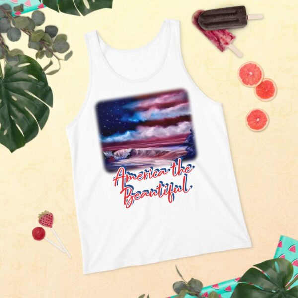 Product image of  Clothing – American Flag Seascape Customizable Unisex Tank Top by Paint With Josh