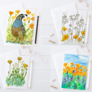 Product image of  California Poppies Quail Bird Blank Greeting Card Set
