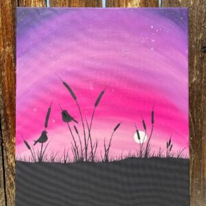 Made in Nevada Original Painting 16×20 | Love Birds Purple Pink Sunset Cattail Silhouette