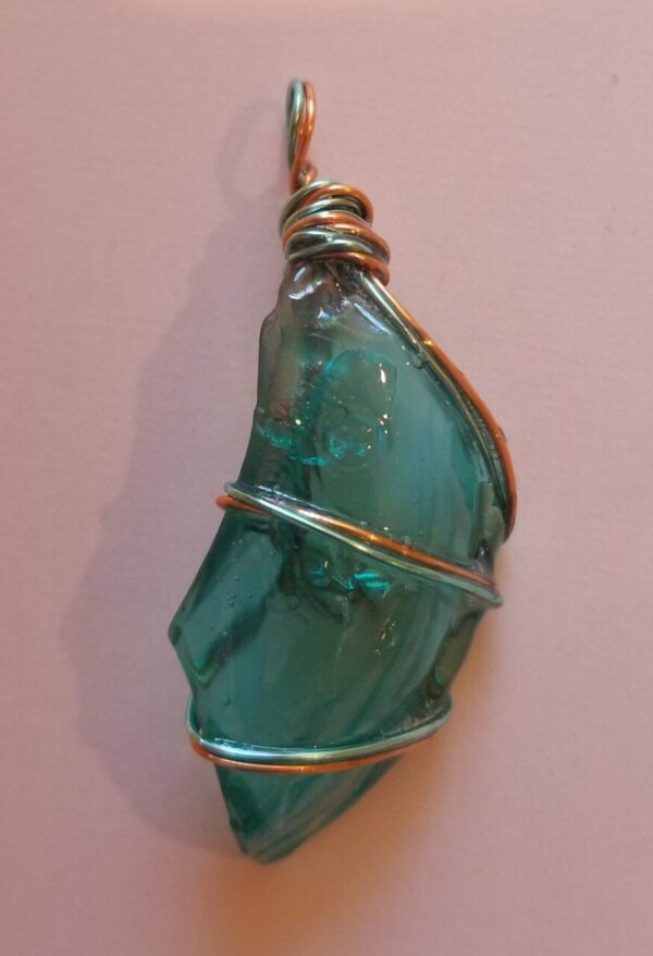 Product image of  Teal glass pendant, 2-tone wire-wrap