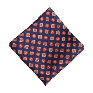 Made in Nevada Blue wool pocket square with orange circles