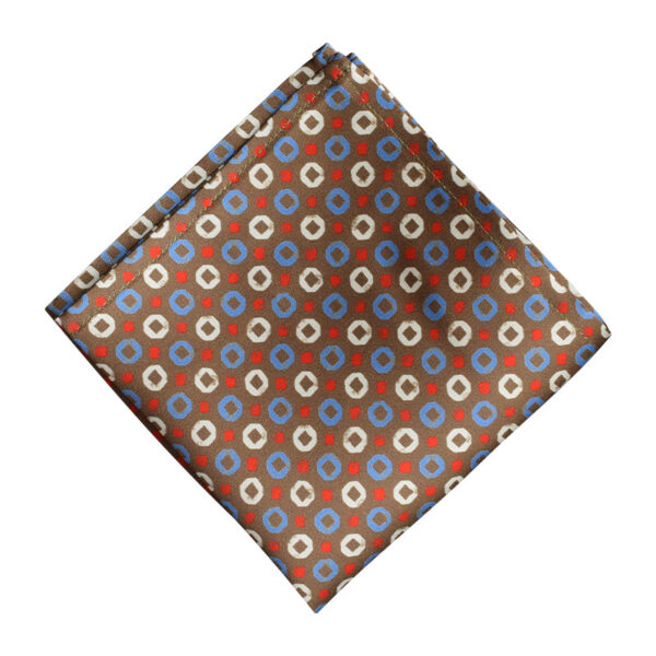 Brown pocket square with blue and white circles