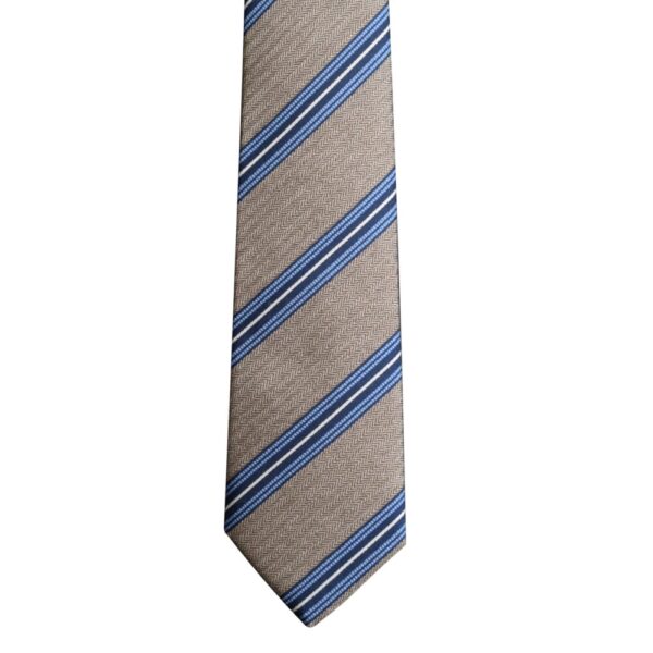 Made in Nevada Tan necktie with white and blue stripes (narrow)
