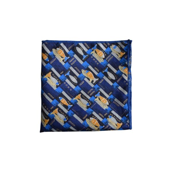 Blue pocket square with yellow fish