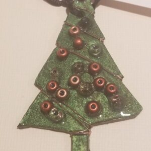 Made in Nevada Metal tree ornament – green w/copper beads & wire