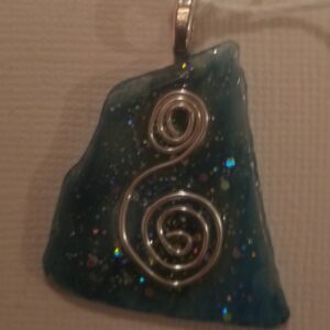 Made in Nevada Beach Glass with Wire Treble Clef, Teal
