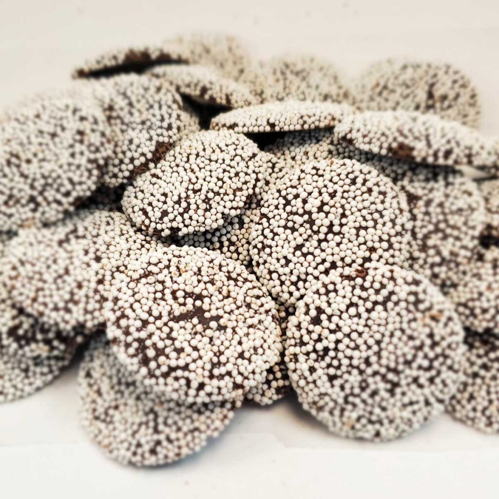 Dark chocolate nonpareils snow caps made in nevada