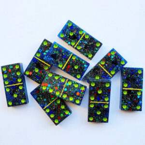 Product image of  “Galactic” Galaxy Themed Dominoes Hand-Painted Obsidian & Lapis Lazuli Crystal Infused Resin Domino Set