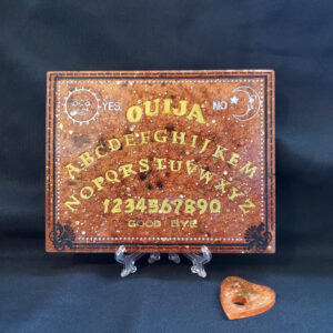 Product image of  “Antique” Hand Painted Pyrite & Tiger’s Eye Resin Ouija Board & Planchette Set