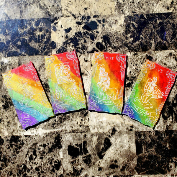 Product image of  “Prism” Rainbow Themed Pyrite & Quartz Crystal Infused Hand Painted Resin Major Arcana Tarot Cards