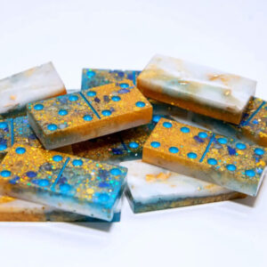 Product image of  “Aquatic” Ocean Themed Dominoes Hand-Painted Citrine & Lapis Lazuli Crystal Infused Resin Domino Set