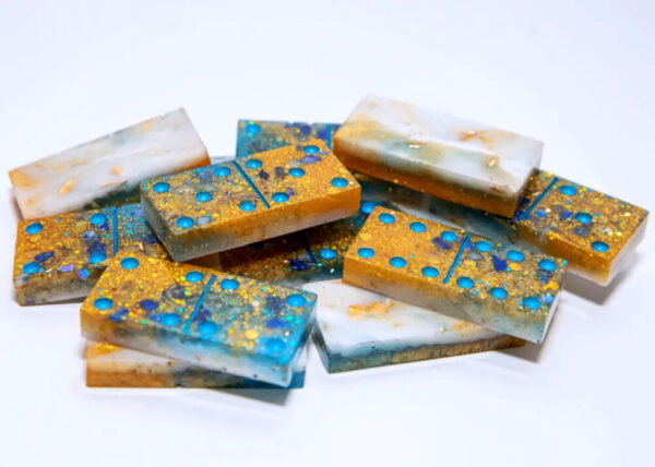 Product image of  “Aquatic” Ocean Themed Dominoes Hand-Painted Citrine & Lapis Lazuli Crystal Infused Resin Domino Set