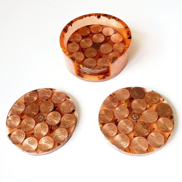 Product image of  “Pretty Penny” Copper Pennies & Tiger’s Eye Crystal Infused Resin Coaster & Holder Set