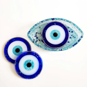 Product image of  Lapis Lazuli, Obsidian & Quartz Crystal Infused Resin Coaster & Holder Set