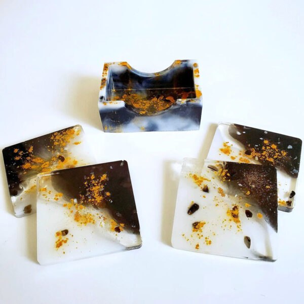 “Milky Way” Moonstone & Obsidian Crystal Infused Resin Coaster & Holder Set