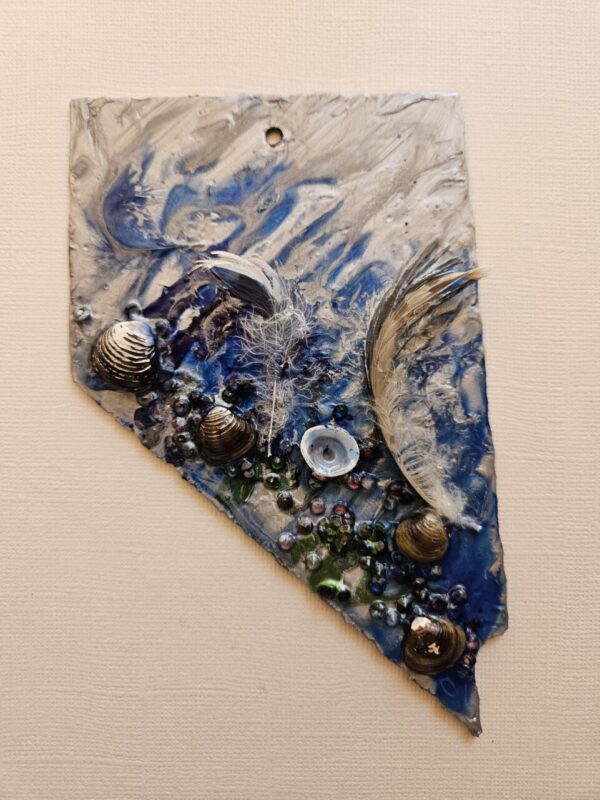 Product image of  NEVADA metal art w Lake Tahoe beach shells & feathers