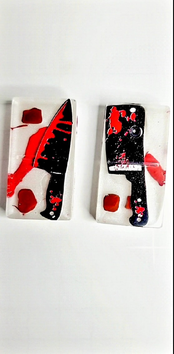 Product image of  “Slasher” Halloween Horror Themed Dominoes Hand-Painted Red Jasper Crystal Infused Resin Domino Set (Large Pieces)