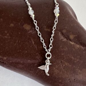 Product image of  Sterling silver and rainbow moonstone hummingbird necklace