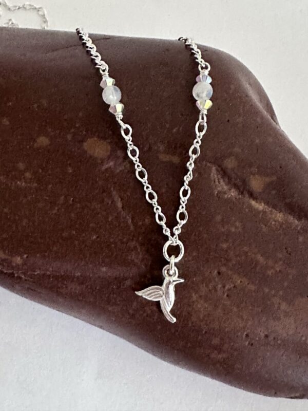 Product image of  Sterling silver and rainbow moonstone hummingbird necklace