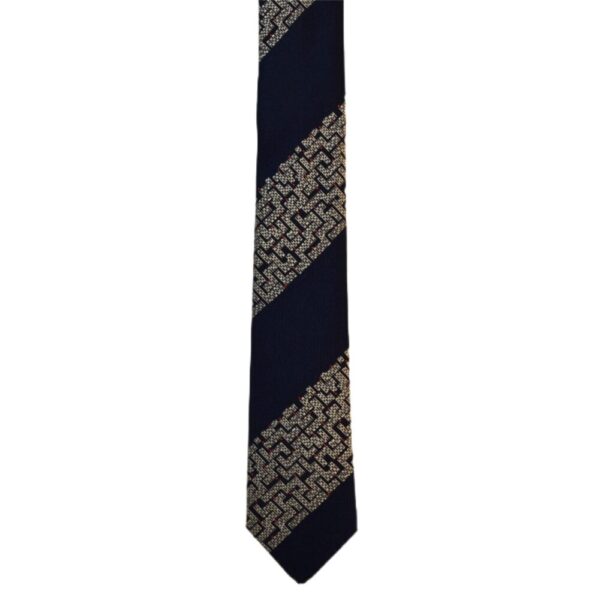 Dark blue necktie with tan geometric design stripes