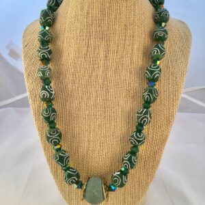 Green Krobos Beads and Swarovski Crystal Necklace