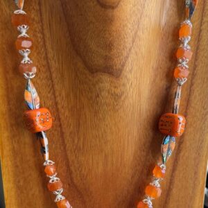 Luxury Artisan Orange Glass Necklace with exquisite feather beads of inlaid organics