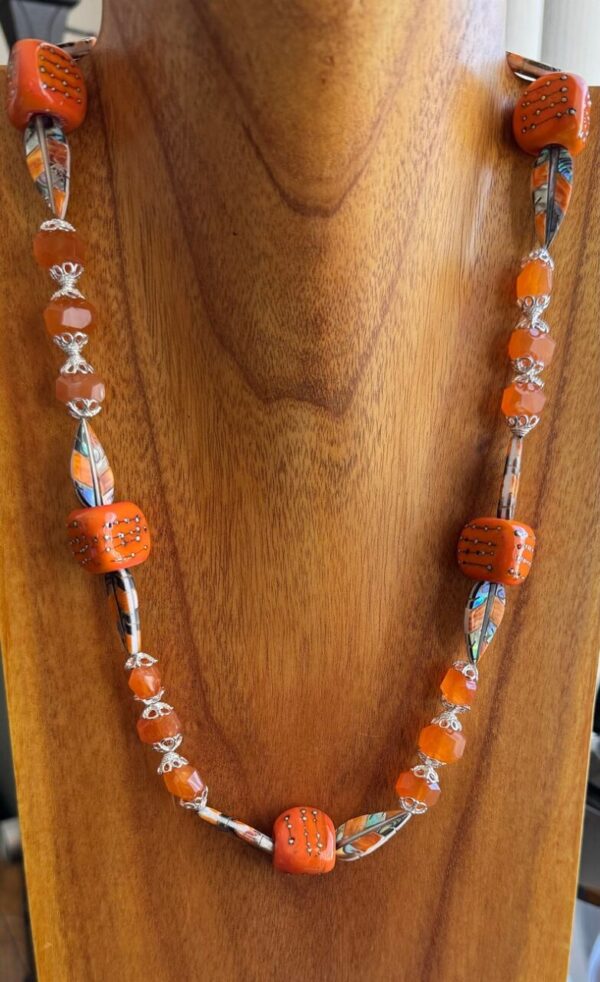 Luxury Artisan Orange Glass Necklace with exquisite feather beads of inlaid organics