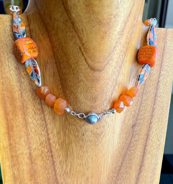 Luxury Artisan Orange Glass Necklace with exquisite feather beads of inlaid organics