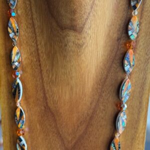 Luxury Long Inlaid orange spiny oyster, mother of pearl, and abalone Necklace