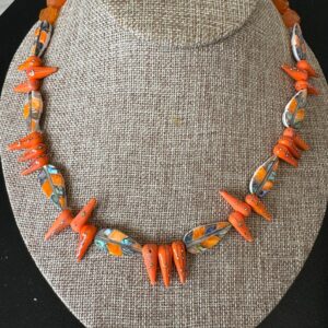 Luxury Inlaid necklace with Orange Artisan Glass Spikes