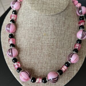 Luxury Pink Venetian Glass Necklace with Venetian cubes and black onyx beads