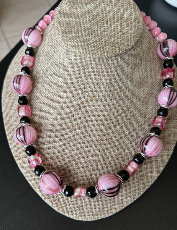 Luxury Pink Venetian Glass Necklace with Venetian cubes and black onyx beads