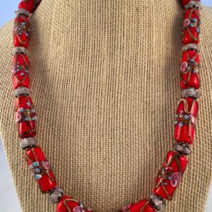 Red Venetian Glass Drum Bead Necklace