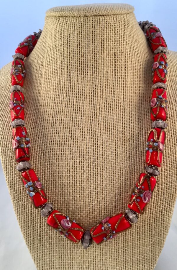 Red Venetian Glass Drum Bead Necklace