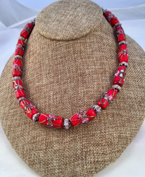 Red Venetian Glass Drum Bead Necklace