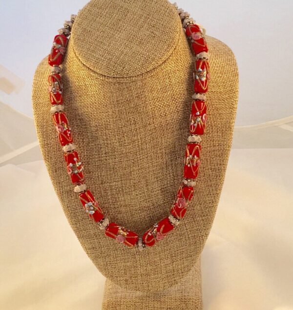 Red Venetian Glass Drum Bead Necklace