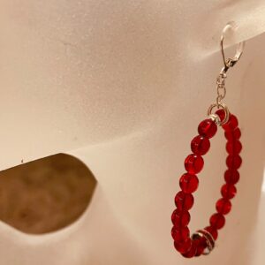 Red Czech Glass Hoop Earring with Holiday Sparkle.