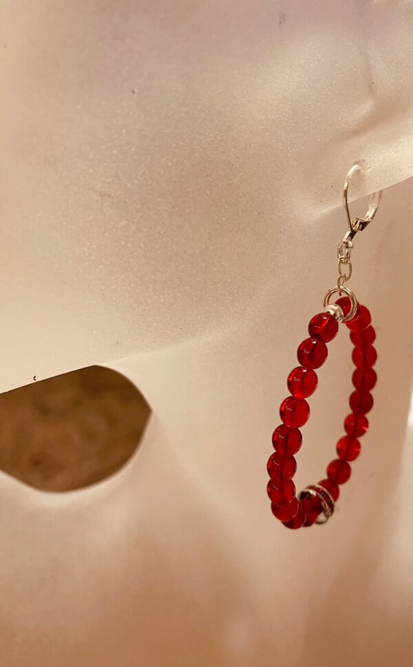 Red Czech Glass Hoop Earring with Holiday Sparkle.