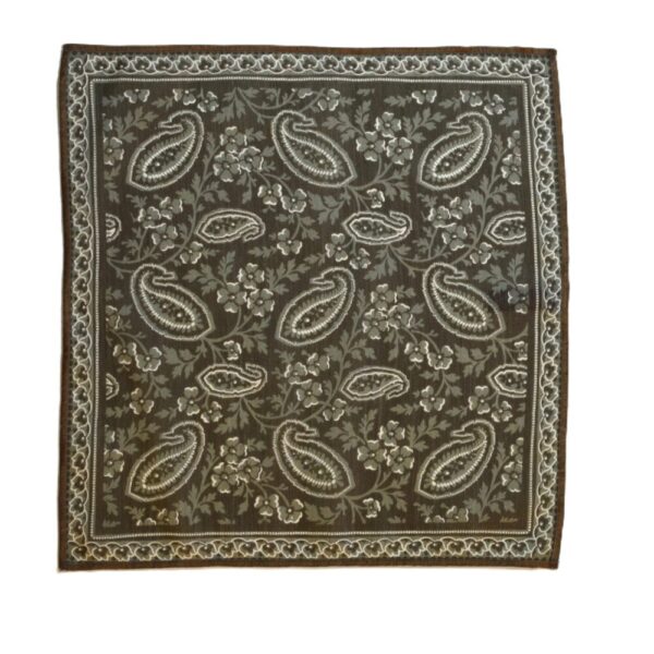 Brown with white outline paisley pocket square and brown thick serger boarder