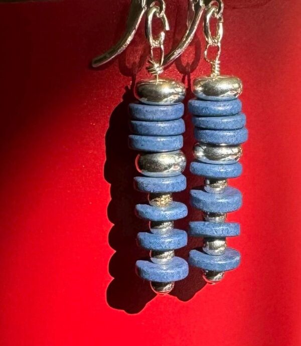 Blue Ceramic Disc Earrings with Sterling Sspacers