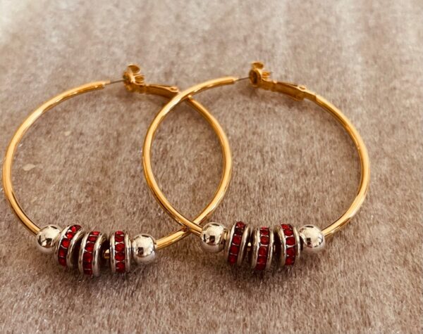 Large Hoop Earrings with Red Crystal Rondelles