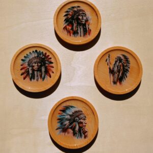 VET-MADE BAMBOO COASTER SET FEATURING 4 DIFFERENT INDIAN WORRIORS