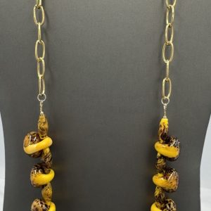 Yellow/Orange Brown Speckled Beaded Necklace on Chain