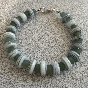 White Donut and Green Aventurine Artisan Glass Beaded Bracelet